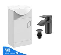 Gloss White 450mm Floor Standing 1-Door Vanity Unit & Round Basin With Round Matt Blacktap