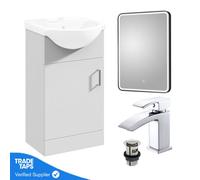 Gloss White 450mm Floor Standing 1-Door Vanity Unit & Round Basin With Square Chrome Tap And Black Framed Mirror