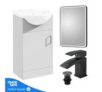 Gloss White 450mm Floor Standing 1-Door Vanity Unit & Round Basin With Square Matt Black Tap And Black Framed Mirror