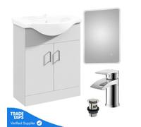 Gloss White 650mm Floor Standing 2-Door Vanity Unit & Round Basin With Round Chrome Tap And Ambient Mirror