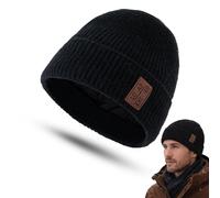 Glossiness Black Ribbed Knit Beanie with Folded Cuff - Unisex Thermal Winter Hat for Cold Weather, Soft Insulated Design for Outdoor Skiing Hiking Running Cycling Commuting Wind Resistant Warmth