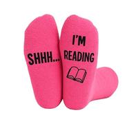 Glossiness Bright Pink Fluffy Home Socks With SHHH I'M READING Print - Soft Coral Fleece Non-Slip Grip Socks For Reading Enthusiasts, Book Lovers, Women, Men, Ideal Cosy Indoor Lounging Gift