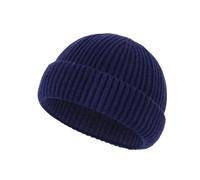 Glossiness Navy Blue Ribbed Knit Cuffed Beanie Hat - Unisex Thermal Winter Cap for Men Women Teenagers, Soft Stretchable Fabric for Cold Weather Outdoor Skiing Hiking Camping, Warm Folded Brim