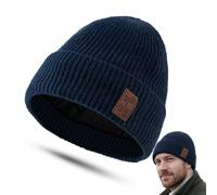 Glossiness Navy Blue Thermal Knit Beanie with Folded Cuff - Fleece Lined Winter Hat for Men and Women, Soft Stretchy Wool Cap for Skiing, Hiking, Cycling and Daily Commuting in Cold Weather