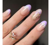 Glossy 24Pcs Lavender Floral False Nails Short Length French Styles Almond Shape Easy Application Short Square Glossy Fake