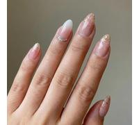 Glossy Almond Artificial Nail Tips with Nude Pink Ombre & Glitter Accents - Elegant Stick On Nails for Women, Salon Look at Home, Natural Shape False with Rhinestones for Daily Wear and Special