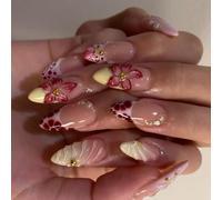 Glossy Almond False Tips Manicure Set, 24 Nude Floral Pieces with 12 Sizes, 3D Flower Petal Detail for Fast Styling on the Go