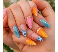 Glossy Almond French Tip Press-On Nails with Fruit Floral Art - Short Length Artificial Nails for Women in Pink Blue Orange Mix Gradient Design, 24 Pack DIY Manicure Set, Trendy Summer Marbled Glossy