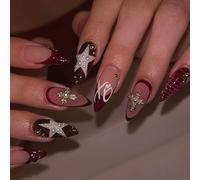 Glossy Almond Press On Nails with Leopard Pearl Design - Burgundy Pink Gradient French Tips & ABS Material with Jelly Adhesive Tabs, Pearl Cross and Star Details for Elegant Nail Art