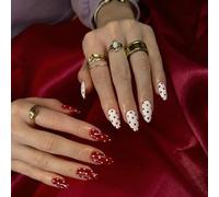 Glossy Almond-Shaped Press-on Nails Medium Length - Red & White Polka Dot Design, Reusable Stick-on Kit for Women, Waterproof & Fade-Resistant, Playful & Elegant Mix & Match Manicure Set for Casual &