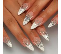 Glossy Almond-Shaped Press-On Nails with White & Nude French Manicure - Medium Length Silver Flame Design Featuring 3D Bows & Rhinestones for Weddings, Special Events and Elegant Touch