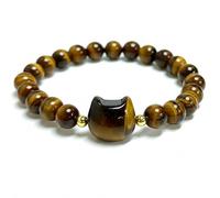 Glossy Amber-Toned Tiger Cat Bead Stretch Bracelet With Striped Patterns - Polished Round Bead Jewellery For Women And Cat Lovers, Warm Earthy Brown Gold Animal-Themed Accessory For Everyday Wear