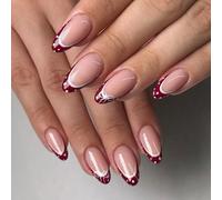 Glossy Artificial Nails Almond Shaped Wine Red French Tip with White Dots and Bows Design 24Pcs for Women Party White Polkas Dots Fake Nail with Bows
