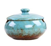 Glossy Ceramic Ashtray with Smell Proof Lid, Windproof Cigarette Ash Tray, Large Smoking Bowl for Indoor Outdoor Use, Smoker Ash Holder for Garden, Patio, Cafe, Home, Office Decoration (Vintage Blue)