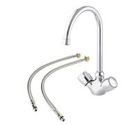 Glossy Chrome Solid Brass Modern Kitchen Sink Mixer Tap Two Regulators + 2 Flexible Tap Tails