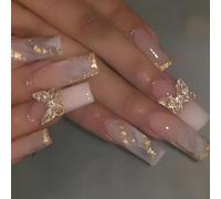 Glossy Coffin Nude Base Press on Nails - with and Marble Effect Gold Foil Tips Butterfly Accent Glossy Fake Nails - 24 PCS for Women Easy to Wear Stylish Art Daily Party Looks