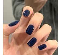 Glossy Dark Blue Full Cover False Nails - 24Pcs Pure Color Collection, Acrylic Stick-on with Glue for Women's Nail Art - Short Square for Girls (Dark Blue)