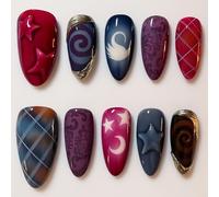 Glossy False Nail Tips, 10-Piece Mixed Short Square And Almond Design Set | Burgundy, Pink, Purple, Navy And Gold-Toned Details, Stars, Moons And Swirls, For Everyday Manicures, Parties And Events