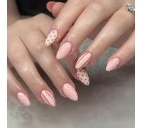 Glossy False Nails Manicure Tips Adhesive Wear Set in Soft | Mixed Dot Stripe Patterning, 30 Piece Mani Collection for Outfit Updates, Repeat Use