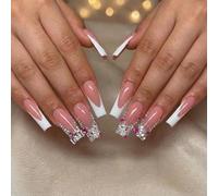 Glossy French Manicure Coffin False Nails with Rhinestone Decorations - Long Pre-Shaped Stick On Tips for Special Occasions and Party Wedding Events in Nude Pink and White Sparkling Design