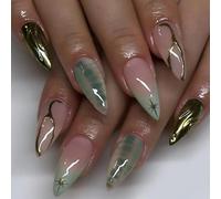 Glossy French Tip Almond False Nails with Floral Patterns and Star Motifs - 24PCS Elegant Press On Nails with Mint Green Tips and Gold Accents for Women, Trendy Almond Shape for Daily Wear and Parties