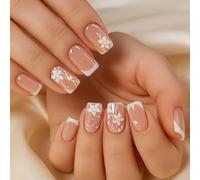 Glossy French Tip Short Square Press On Nails with White Floral Design - Natural Nude Pink Reusable False Nails for Women, Modern Elegant Manicure for Daily Wear Weddings and Special Occasions