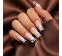 [Glossy Gradient Square Coffin Press-On Nails] - [Featuring Brown Feather Patterns & Gold Beads for Short Nails, Ideal for Women Seeking Elegant Manicure for Parties or Daily Wear]