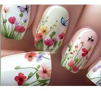 Glossy Hand-Painted Floral Butterfly Press-On Nails For Natural Elongated Look - 24-Piece Botanical Spring Summer Fake Nails Set With Adhesive Tabs For Quick Professional Manicure At Home
