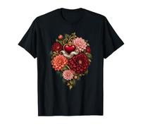 Glossy Heart with Dahlias and Silver Toned Cloud Ribbon T-Shirt