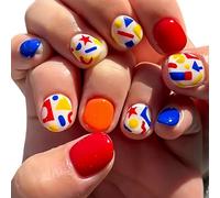 Glossy Manicure Tip Set, Short Square ABS False Tips with Playful Red Blue Yellow Geometric Accents for Outfit Matching and Event Looks Artificial Art Abstract Easy Set