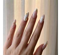Glossy Marble Stiletto Press-On Nails with Gold Dot Accents - Medium Length Reusable Artificial Nail Set for Women, Pink White False Kit Includes 24 Pieces for Easy Home Application
