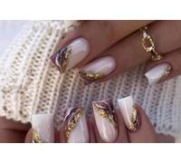 Glossy Marble Swirl Press On Nails Short Square Shape Nude Pink With White Gold Design - 24 PCS Elegant Art Manicure Accessories For Women For Spring Summer Fashion And Daily Wear