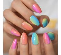 Glossy Multi Color Coffin Press On Nails Short Colorful Ombre Rainbow Fake False Nails Finish Faux Ongles Medium 24 pcs/kit