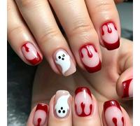 Glossy Nude False Nails with Dark Red French Drip Accent | Short Square Acrylic Halloween Manicure for Temporary Event Ready Wear