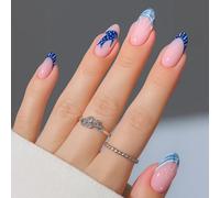 Glossy Pink Almond Press On Nails With French Tip Blue Wave & Polka Dot Designs - Medium Length Striped Shell & Whale Art Manicure Set For Elegant Daily Wear And Party Occasions