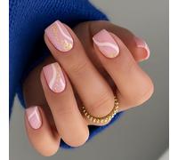 Glossy Pink Gold Press on Nails Short Square Shape - White Wave Patterns and Gold Details Fake Nails 24 PCS - for Women Easy Application Daily Decoration Inspired by Modern Art