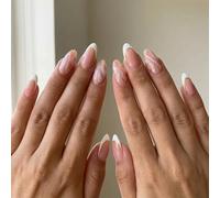 Glossy Pink Marble French Almond False Nails With Gold Glitter Accents Full Cover Artificial Nail Tips - Set Of 24 Press On Pieces For Elegant Everyday Wedding Special Occasion Wear