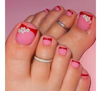 Glossy Pink Press On Toenails with Pearl Blossoms & Cherry-Red French Tips - Short Square False Nails Handmade Flower Design Solid Color Comfortable Wear Almond Shape Stick On Toe Nails
