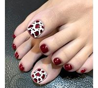 Glossy Press-On Toenails with Short French Tip & Red Leopard Print - DIY False Nails Set for Summer Pedicure Art, Includes Application Tools, Bold Design for Women, Easy Home Use