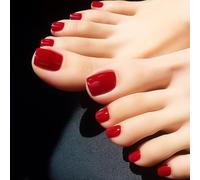 Glossy Red False Toe Nails Kit with Short Almond Square Design and Chip-Resistant Shiny Polish - 24Pcs DIY Salon Style Press On Pedicure for Long Lasting Wear and Various Occasions