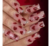 Glossy Red Glitters Heart Design Artificial Nails Mediums Length Coffin Styles 24Pieces Party Wear Sweet Blushes Glitters Artificial Nails