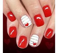 Glossy Red Heart and Silver Stripe False Nails 24Pieces Short Square Presses on for Valentines Day Dating Valentines Presses on