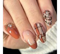 Glossy Short Almond Press-On Nails Kit - 24PCS Warm Autumn Tones Featuring Rust Orange Glitter, Nude French Tips With Gold Accents, Plaid Patterns And Leopard Print Designs For Seasonal Styling