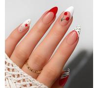 Glossy Short Almond Press On Nails With Red Cherry & Zebra Designs - Clear Square Base Fake Nails Kit For Women, Reusable Stick On Manicure Set For Parties Social Events Everyday Wear