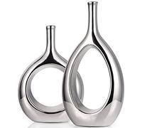 Glossy Silver Vase Ceramic Silver Vases Home Decor,Modern Minimalist Circle with Hole Decorative Vase, Hollow Ellipse Flower vases for Bookshelf, Fireplace Mantle, Centerpieces,Farmhouse,Rustic Décor