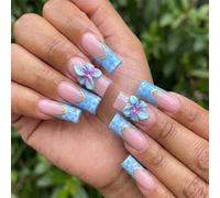 Glossy Square Press On Nails with 3D Floral Embellishment and Two-Tone Water Ripple Design - Short French Tip Fake Nails Set for Women with Pink Base and Blue Accent, Spring Manicure Kit