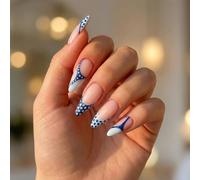 Glossy Stiletto-Shaped French False Nail Tips with Navy Blue Polka Dots - Long Pre-Designed Manicure Set for Professional Occasions, Parties, Bridal Events and Elegant Daily Wear