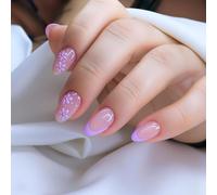 Glossy Translucent Pink Oval False Nail Tips with Lavender French Floral Design - Pre-Designed High Shine Manicure for Women Suiting Casual, Special Occasions and Professional Settings