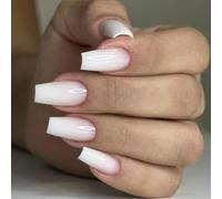 Glossy White Ombre Press On Nails Coffin Shape Long Square Tip - Set of Reusable False Nails with French Manicure Effect for Daily Wear and Special Occasions, Easy Application