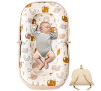GloTika Baby Lounger, Foldable Infant Nest Pillow with Soft Memory Foam Mat, Cover with Adorable Pattern, Converts to Backpack for Easy Travel, 0-12 Months, White
